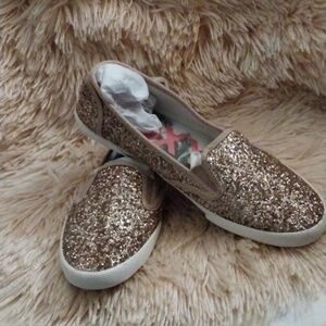 ROXY Drifter Gold Sparkles Slip On Padded Flat Sole Womens Sneaker NWOT Size 7.5